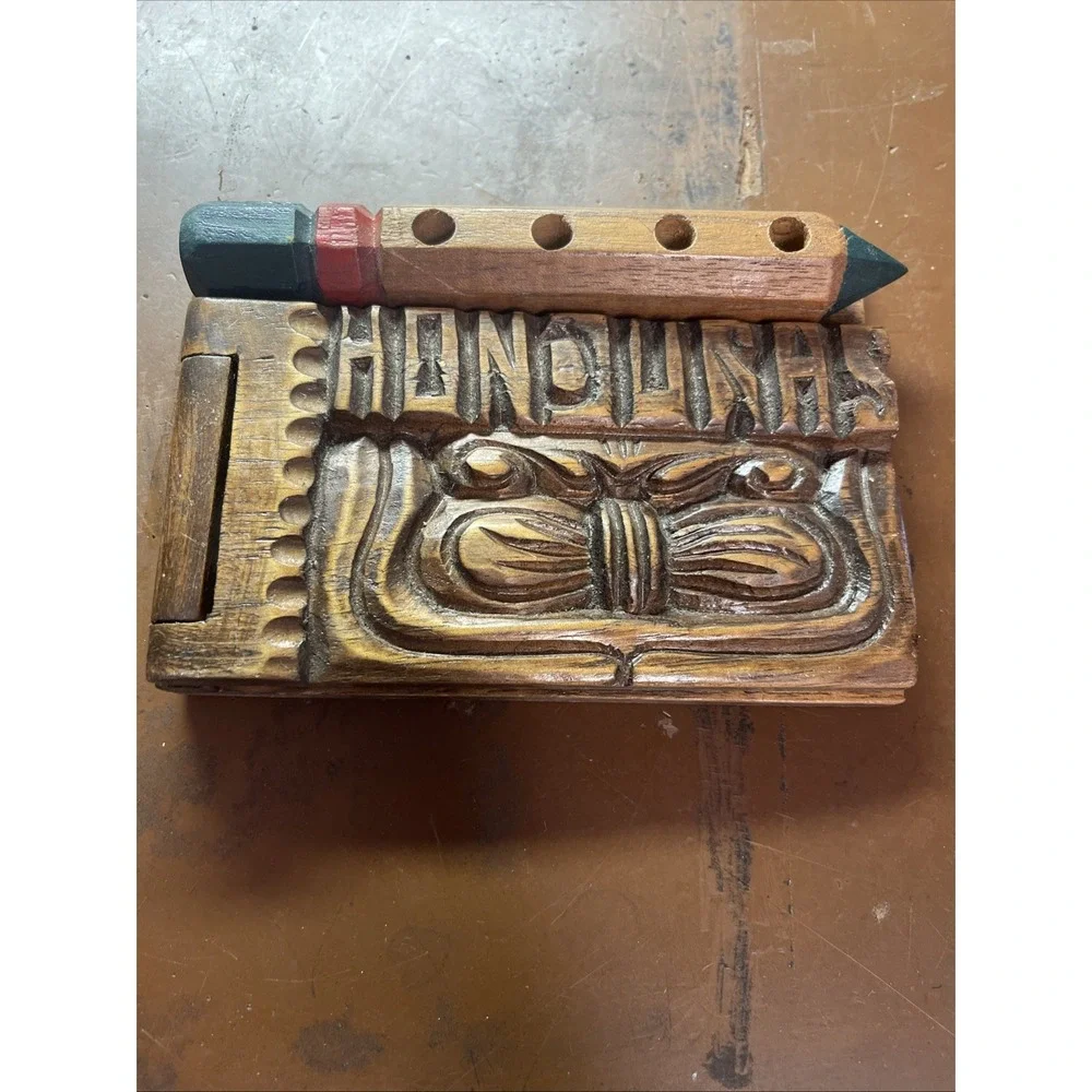 Hand Carved Wooden Pencil Pen And Paper Holder from Honduras Vintage